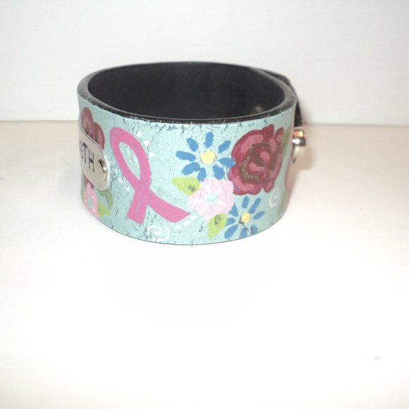 Breast Cancer Bracelet Hand-Made Hand-Painted Leather Snapped Closure Strength - Picture 2 of 5